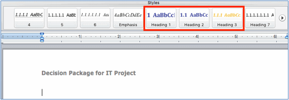 capture d'écran présentant l'exemple de style dans Word avec le Titre 1 numéroté 1, le Titre 2 numéroté 1.1 et le Titre 3 numéroté 1.1.1