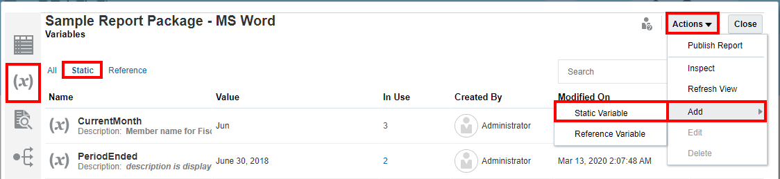 Ajoutez des variables statiques à partir de l'onglet Variable du centre de rapports.