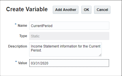 Saisissez le nom, la description et la valeur de la variable statique dans la boîte de dialogue Créer une variable.