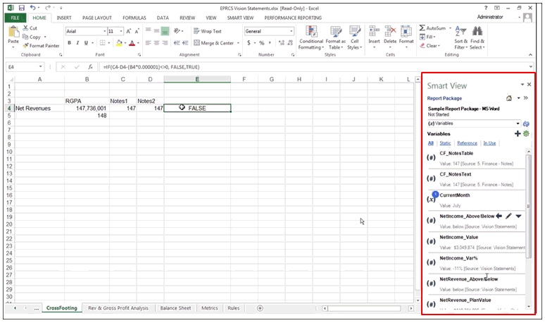 Utilisez l'option Variables de Smart View pour ajouter des variables statiques et de référence.