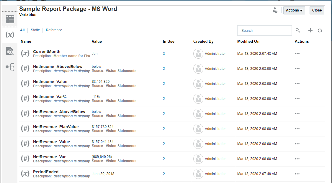 Page Variables dans le centre de rapports