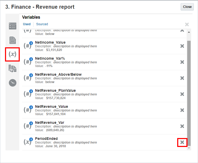 Sélectionnez la variable dont vous voulez supprimer le lien.