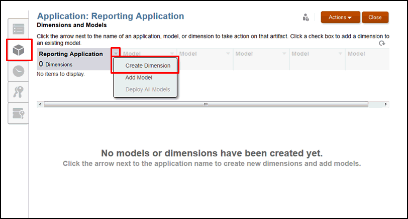 Dans le menu déroulant Application, sélectionnez Créer une dimension.