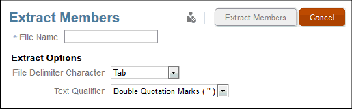 Dans la boîte de dialogue Extraire les membres, entrez le nom du fichier d'extraction cible et sélectionnez les options d'extraction pour le caractère séparateur de fichier et l'identificateur de texte.