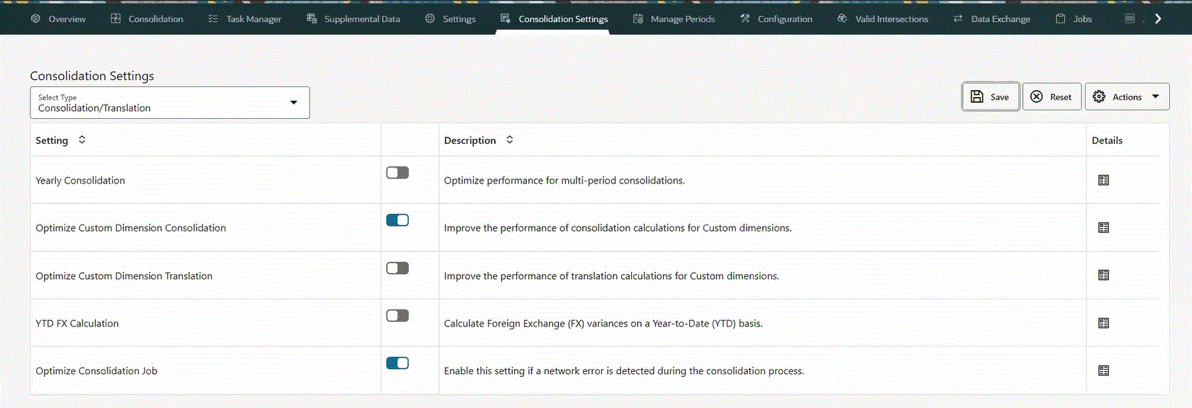 Page Paramètres de consolidation