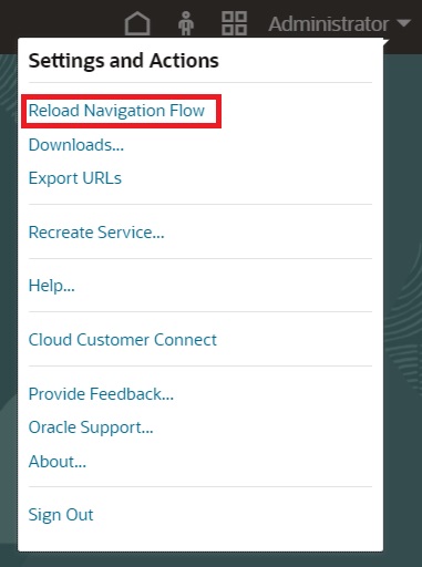 Menu Paramètres et actions avec l'option Recharger le flux de navigation mise en évidence
