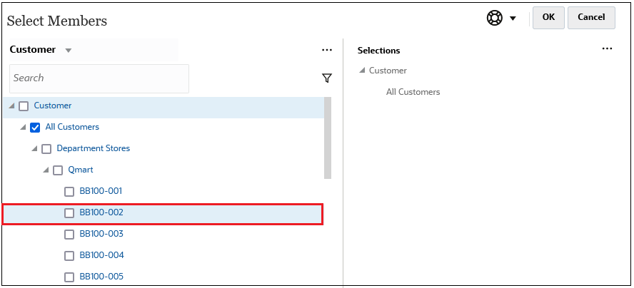 Boîte de dialogue Sélectionner les membres avec BB100-002 mis en évidence dans la hiérarchie