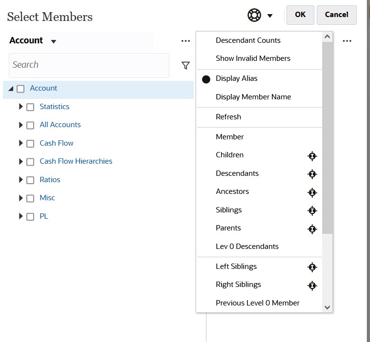 Menu Eléments disponibles avec des options supplémentaires