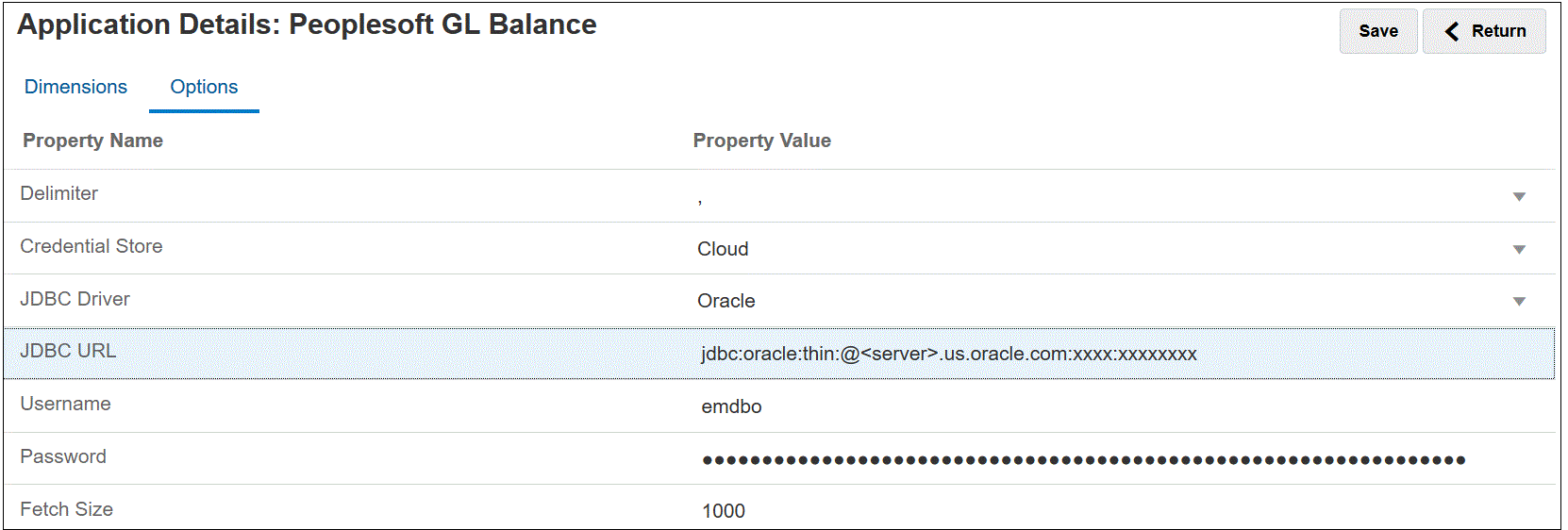 Image représentant les options de connexion PeopleSoft dans l'onglet Options.