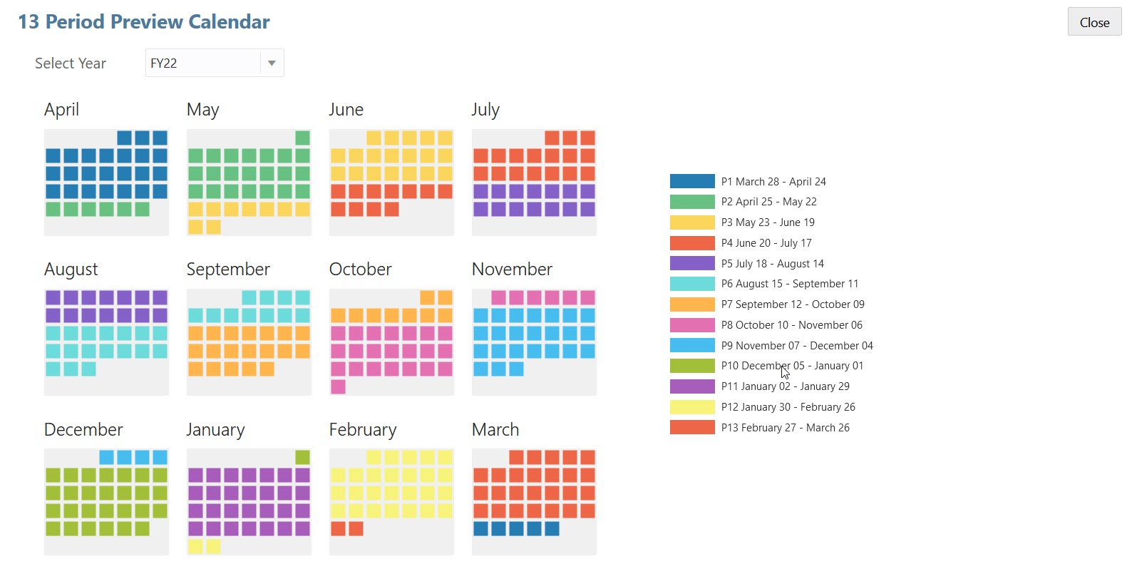 Calendrier de prévisualisation à 13 périodes pour l'exercice 2022 avec l'année civile précédente sélectionnée