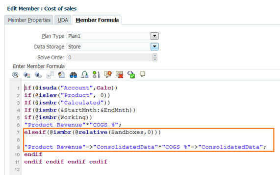 Capture d'écran du membre ConsolidatedData référencé dans la formule de membre du coût des ventes