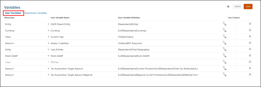Onglet Variable utilisateur Onglet Variable utilisateur