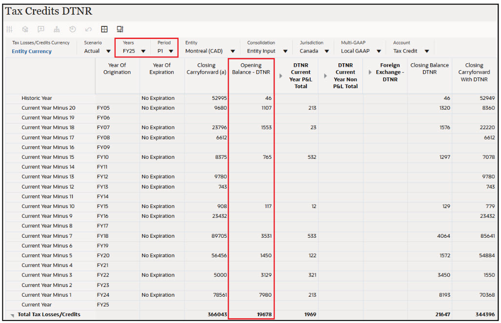 Les valeurs de Solde de cl&ocirc;ture d'imp&ocirc;t diff&eacute;r&eacute; non reconnu sont transf&eacute;r&eacute;es vers la colonne Solde d'ouverture - imp&ocirc;t diff&eacute;r&eacute; non reconnu