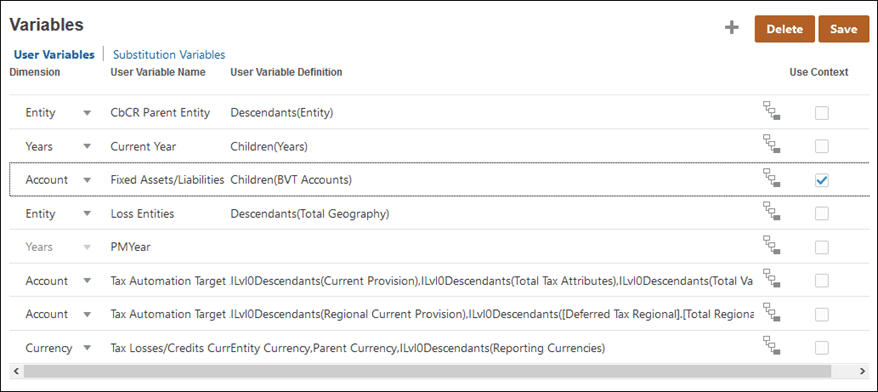 L'écran Variables utilisateur permet de sélectionner un parent.