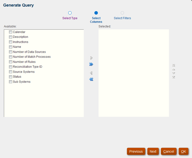 screenshot delle colonne di Genera query per selezionare il report Tipo di riconciliazione