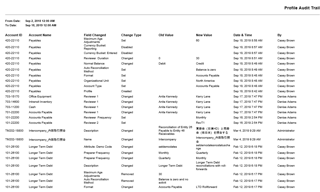 Report Audit trail profilo