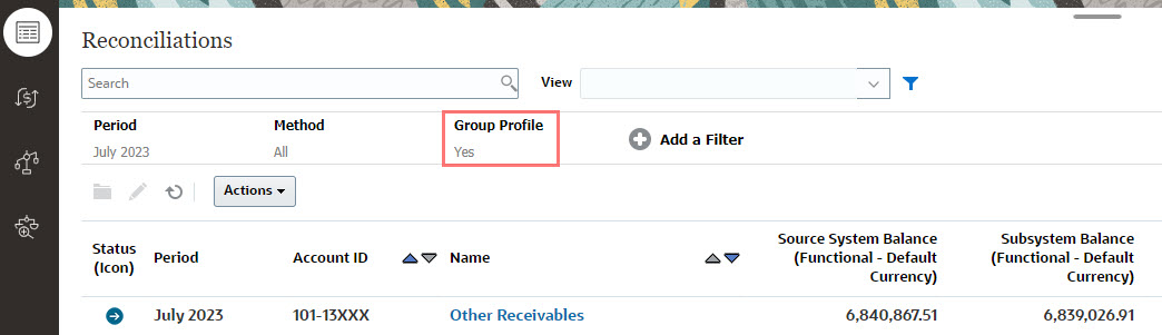 Elenco di riconciliazioni con un filtro impostato per l'attributo Profilo gruppo