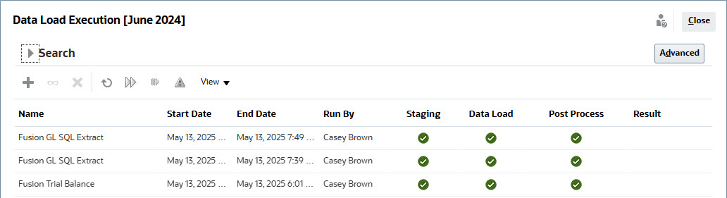 Finestra di dialogo Esecuzione caricamento dati