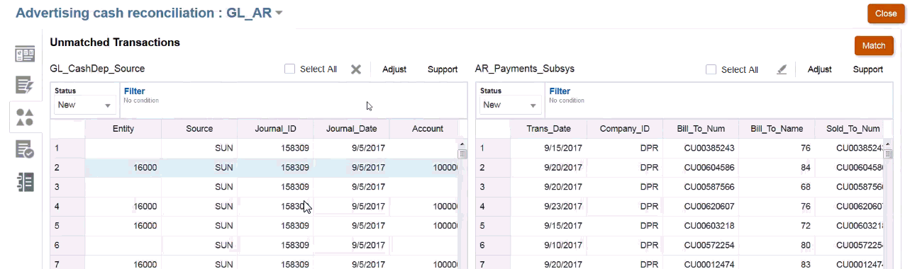 screenshot delle transazioni senza corrispondenza che mostra l'icona di eliminazione