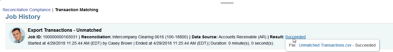 screenshot del nomefile dell'esportazione transazioni visualizzato in Cronologia job