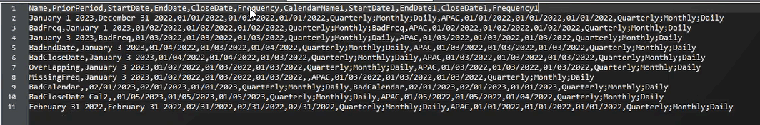 Esempio di file di importazione di periodi con calendario diverso