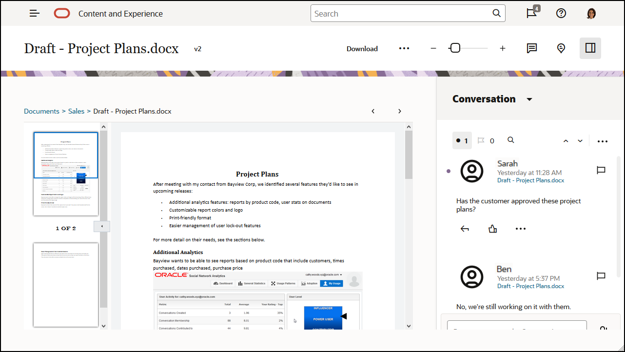 Documento con il riquadro della conversazione visualizzato