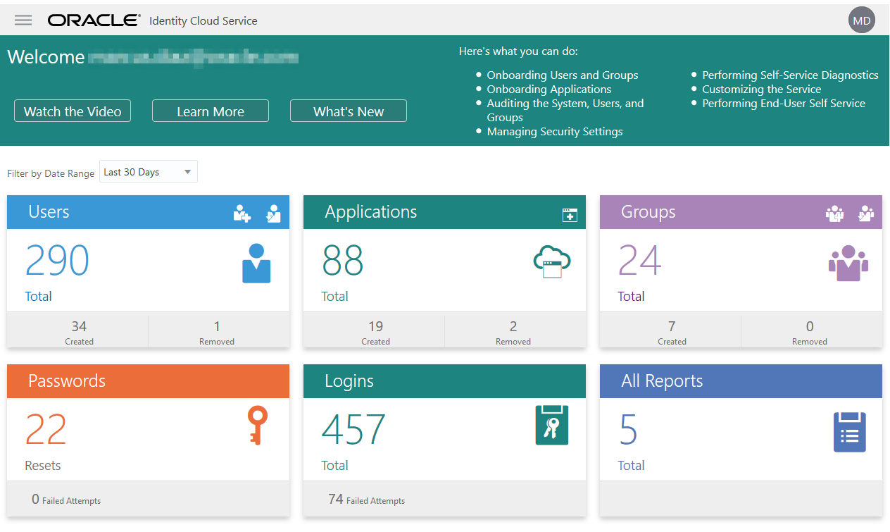 Dashboard Identity Cloud Service