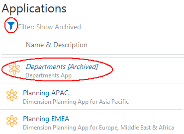 vista delle applicazioni archiviate
