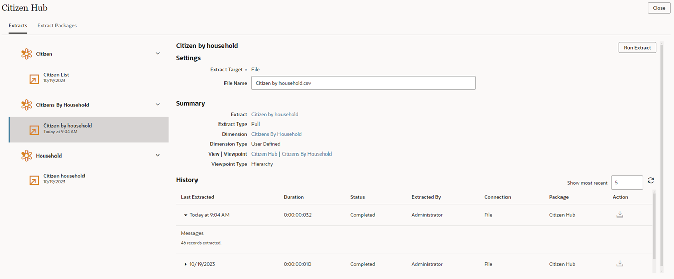 screenshot che mostra la pagina Esegui estrazione con opzioni illustrate nella procedura