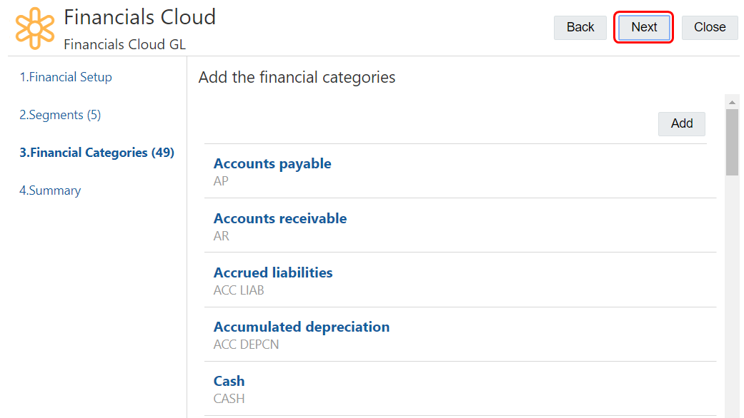screenshot che mostra la pagina Categorie finanziarie con il pulsante Avanti evidenziato