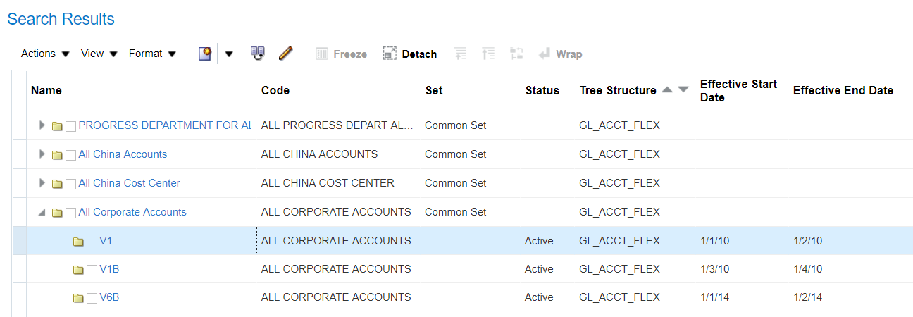screenshot che mostra la riga V1 in All Corporate Accounts evidenziata screenshot che mostra la riga V1 in All Corporate Accounts evidenziata