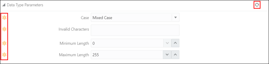 screenshot che mostra Parametri tipo di dati con gli indicatori modificati e il pulsante di ripristino