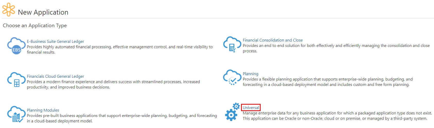 Schermata Nuova applicazione in cui è possibile selezionare l'opzione Universale.