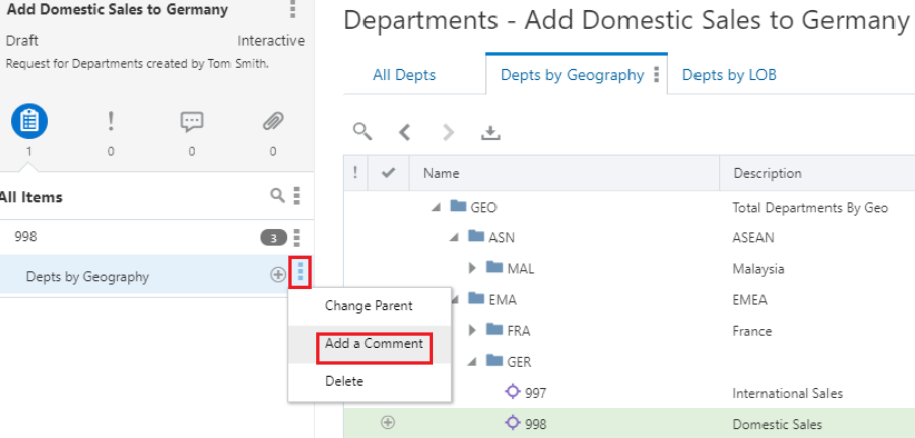 screenshot che mostra una richiesta in cui è evidenziata l'opzione di menu Aggiungi un commento