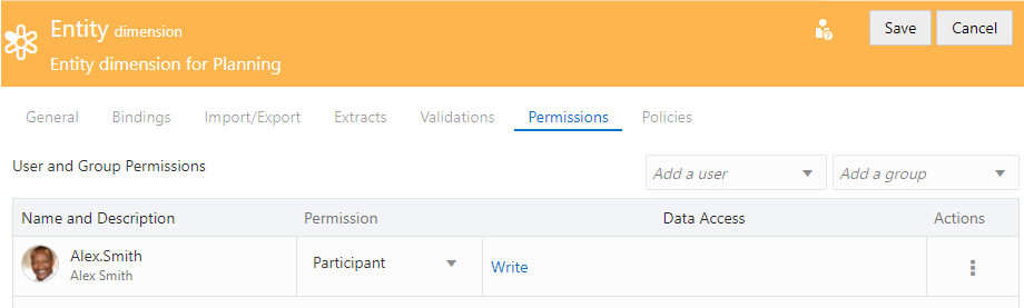 screenshot che mostra l'inspector delle dimensioni con concessione dell'accesso Partecipante (scrittura)