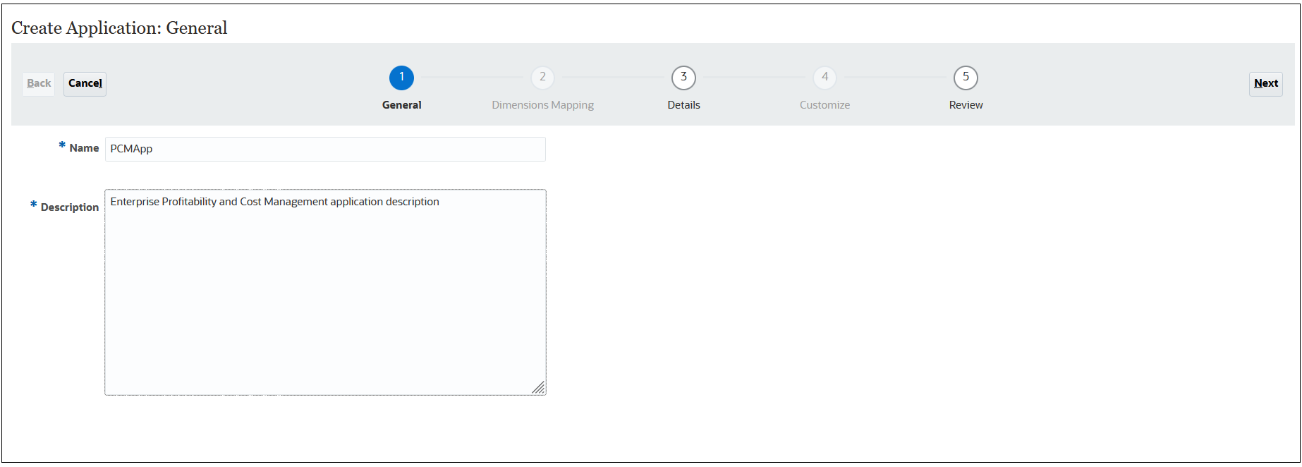 Pagina Crea applicazione: generale