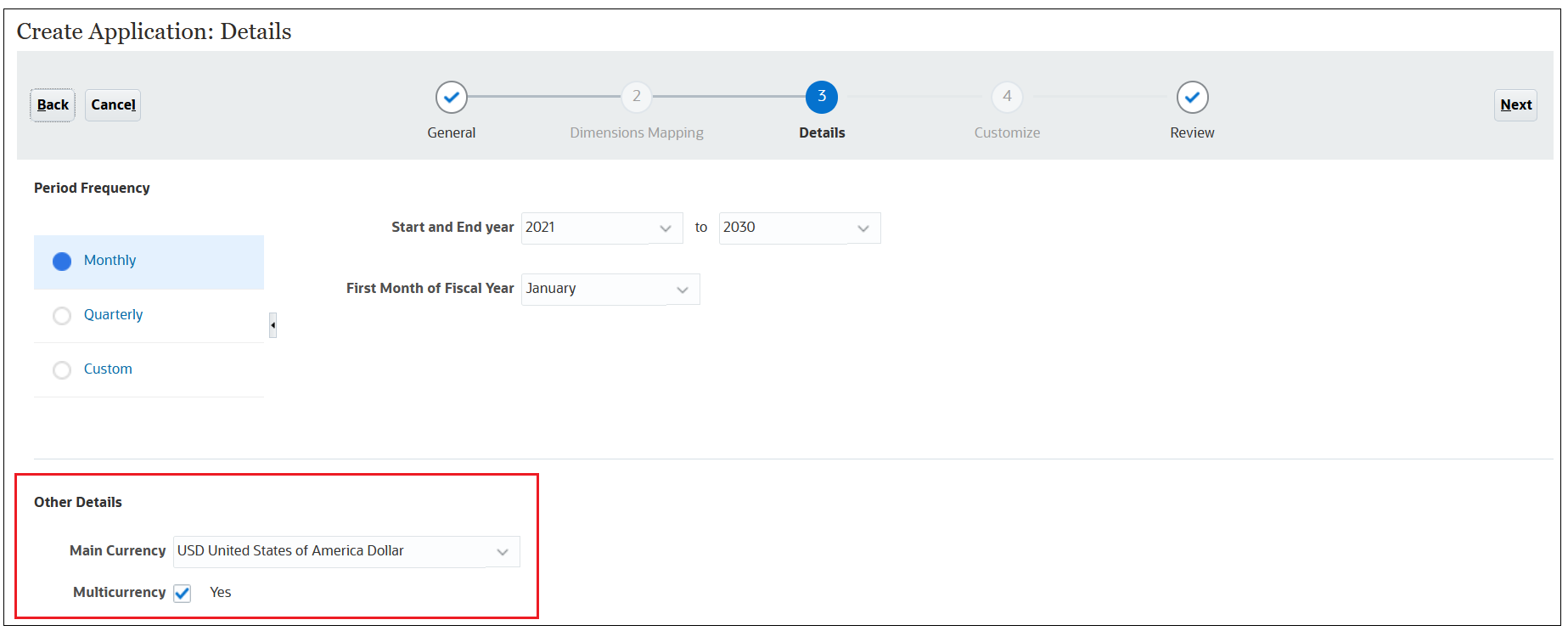 Schermata Crea applicazione: dettagli con le opzioni relative alla valuta selezionate