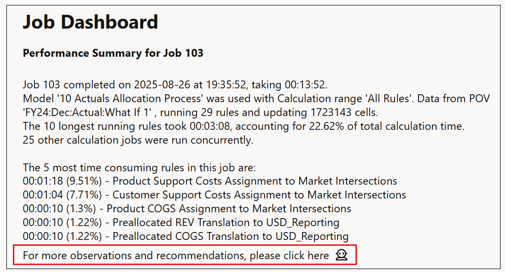 Dashboard job evidenzia l'icona per accedere ai suggerimenti sul controllo dello stato