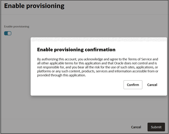 Messaggio di conferma dell'abilitazione del provisioning