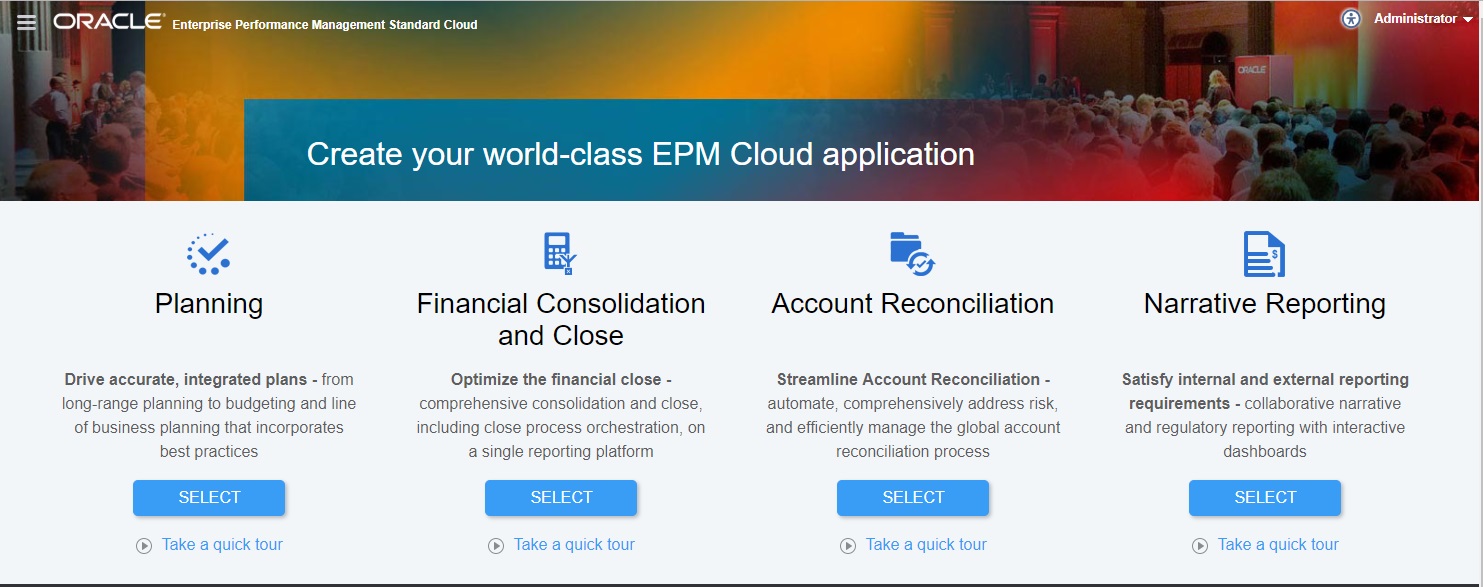 Pagina di arrivo delle applicazioni EPM Standard