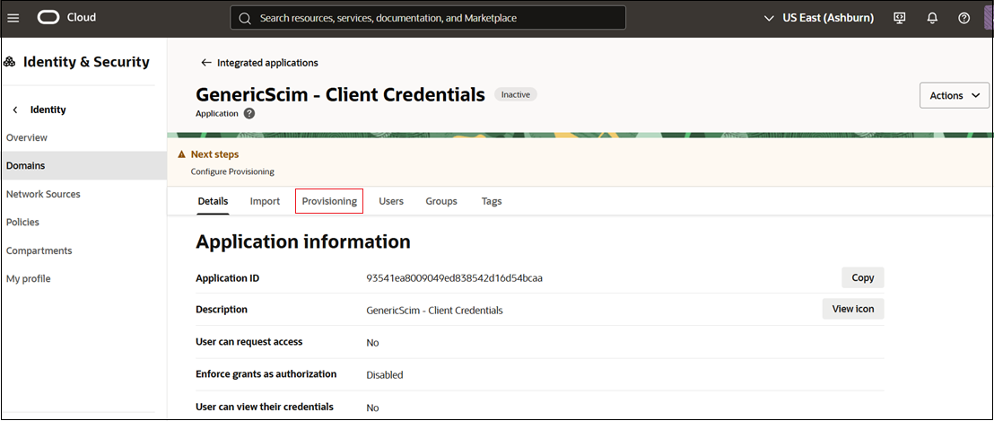 Selezione della scheda Provisioning