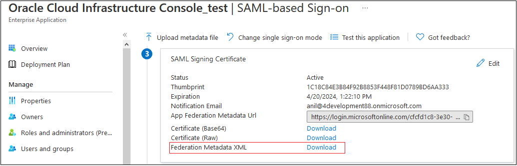 Impostazioni della configurazione SAML di base per l'applicazione aziendale della console di Oracle Cloud Infrastructure