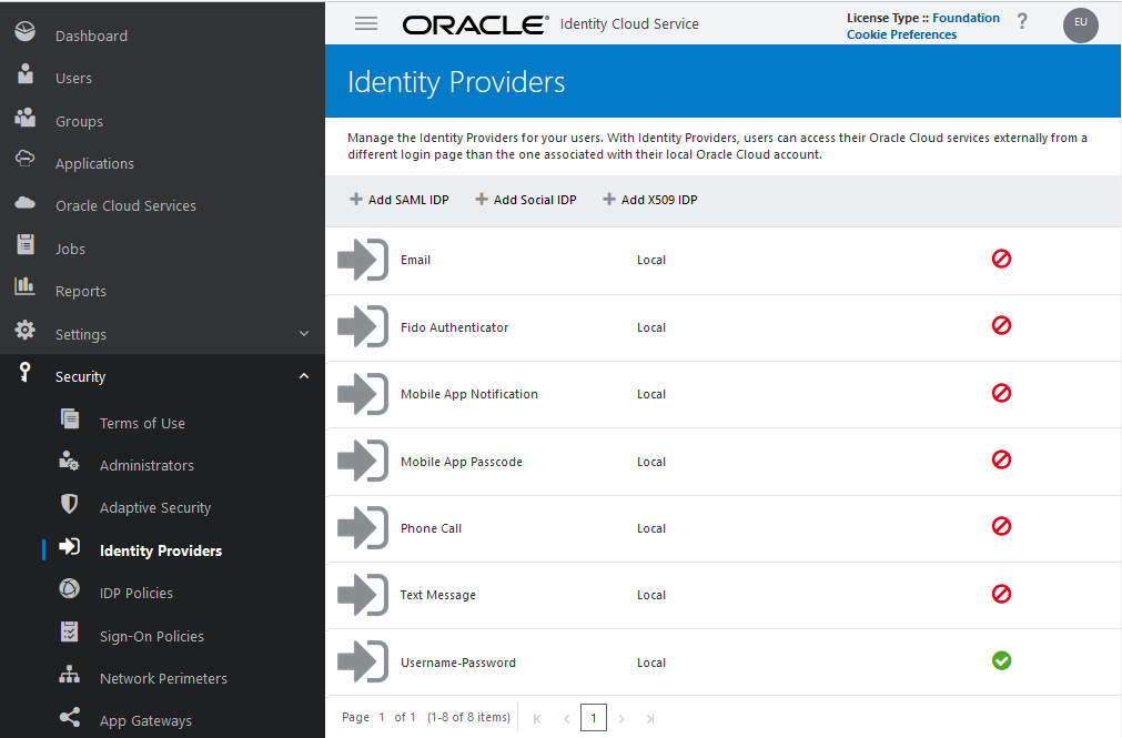 Schermata Provider di identità della console di Oracle Cloud Identity Service