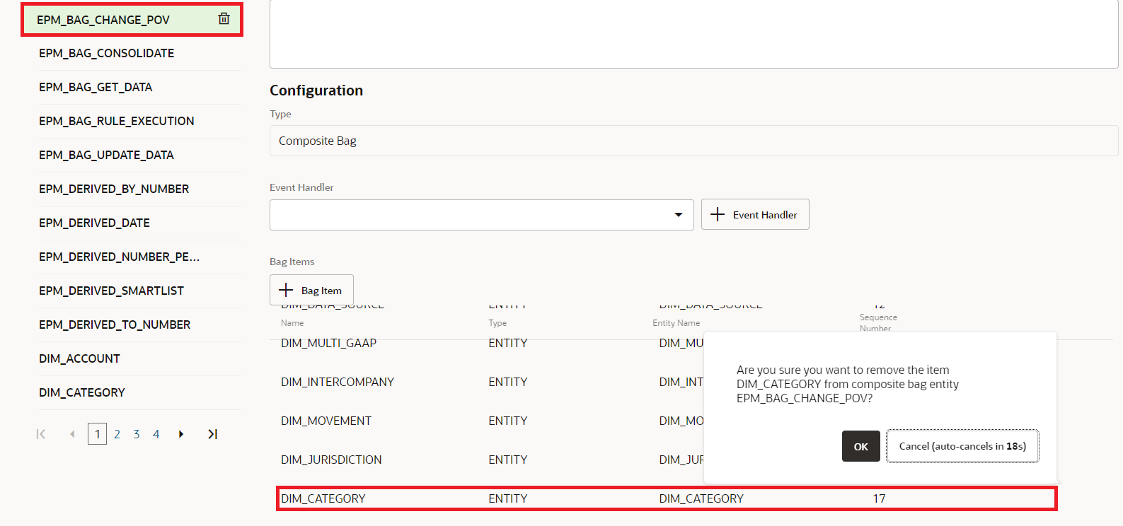 Selezione di EPM_BAG_CHANGE_POV per la rimozione della selezione DIM_CATEGORY