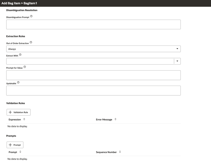 Risoluzione disambiguazione, Regole di estrazione, Prompt e Regole di convalida della finestra di dialogo