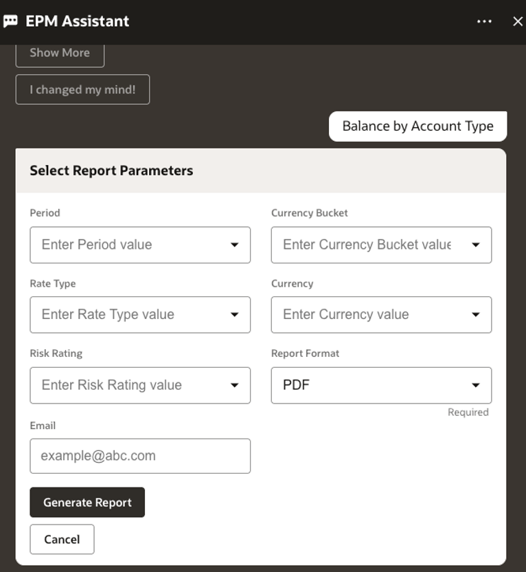Selezione dei parametri di report per la generazione dei report Selezione dei parametri di report per la generazione dei report