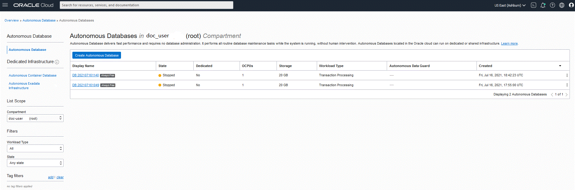 Immagine che mostra la pagina Autonomous Database.