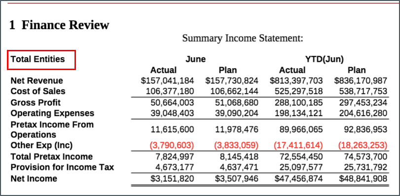 Lo screenshot mostra l'output del prompt come griglia per un rendiconto Summary Income Statement con Total Entities nel punto di vista.