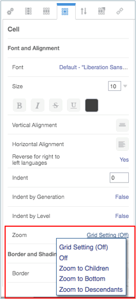 screenshot che mostra il pannello delle proprietà della griglia con lo zoom selezionato e le opzioni di menu descritte nella procedura visualizzata