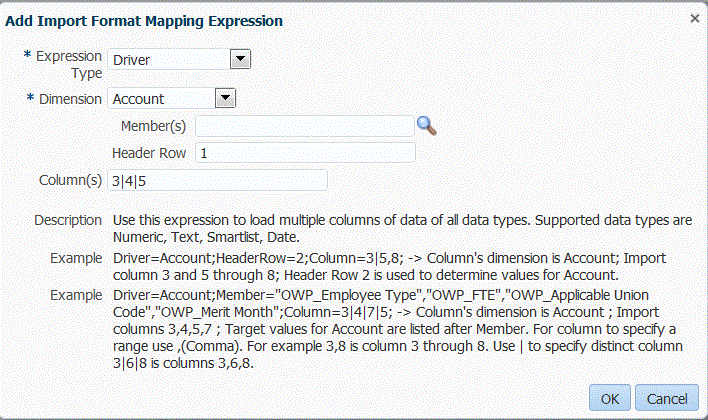 Immagine che mostra la schermata Aggiungi espressione mapping formati di importazione